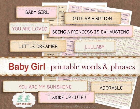 BABY GIRL journal words, printable words and phrases, baby girl printable word embellishments for paper crafts, instant download KM-48 Il_570xn