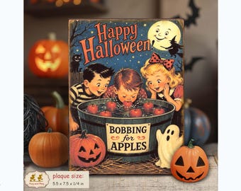 Halloween Children bobbing for Apples vintage style shelf sitter sign retro Autumn decor PL-131