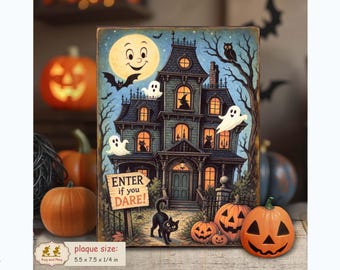 Haunted House Halloween vintage style wood sign decor plaque standee shelf sitter PL-136