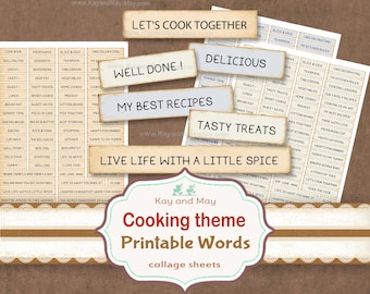 Cooking Junk Journal Printable Words, baking recipe food scrapbook embellishments (Digital Download)