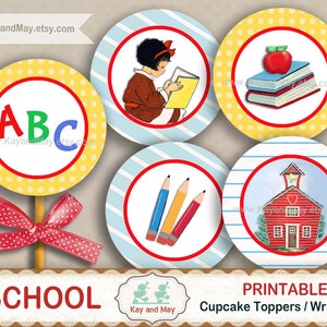 SCHOOL cupcake toppers, cupcake wrappers, kids printable back to school party, cute school tags, KayandMay digital download KM-111