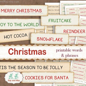 CHRISTMAS journal words, printable words and phrases, winter holiday theme junk journal embellishments, paper craft, instant download KM-62