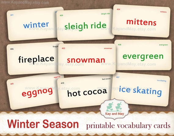 WINTER vocabulary flashcards, printable words, winter wonderland junk journal, DIY Christmas paper craft, KayandMay instant download KM-119 Il_570xn