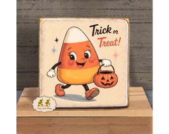 Halloween Candy Corn Shelf Sitter retro vintage style wood block tiered tray sign WB-279