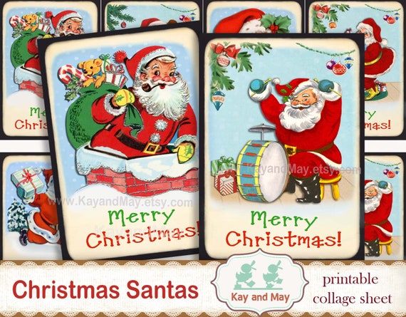 CHRISTMAS SANTA Tags - printable Santa Claus cards, cute vintage retro Christmas cards for crafts & decorations - instant download KM-25 Il_570xn