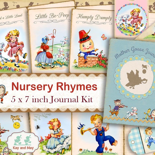 NURSERY RHYMES junk journal kit - vintage rhymes journal pages - printable ephemera - Mother Goose book junk journal  instant download KM-11