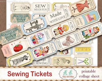 SEWING tickets, printable collage sheet of ticket strips, vintage retro sewing theme journal embellishments, digital instant download KM-73