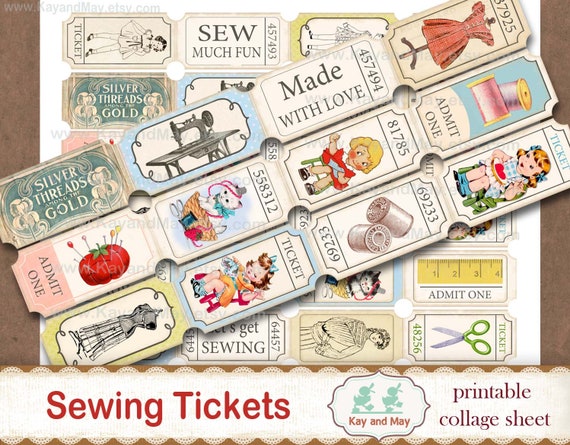 SEWING tickets, printable collage sheet of ticket strips, vintage retro sewing theme journal embellishments, digital instant download KM-73 Il_570xn