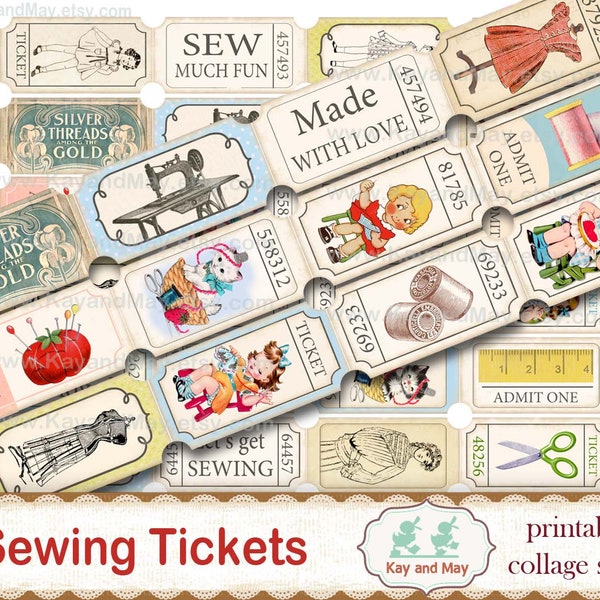 SEWING tickets, printable collage sheet of ticket strips, vintage retro sewing theme journal embellishments, digital instant download KM-73