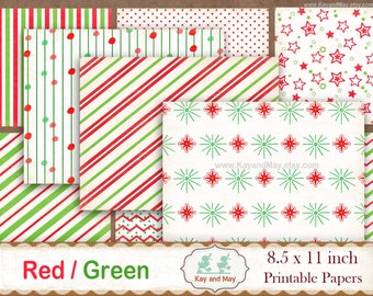 RED & GREEN Christmas journal paper, printable digital papers, junk journal pages, background paper designs, KayandMay downloadable KM-121