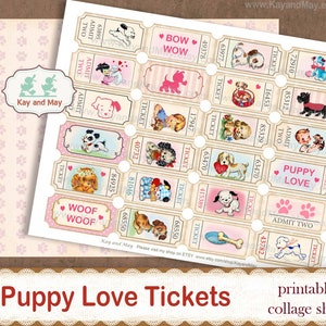 May include: Printable collage sheet of puppy love tickets. The sheet features 16 tickets with various illustrations of puppies, hearts, and the words "Puppy Love" and "Woof Woof".