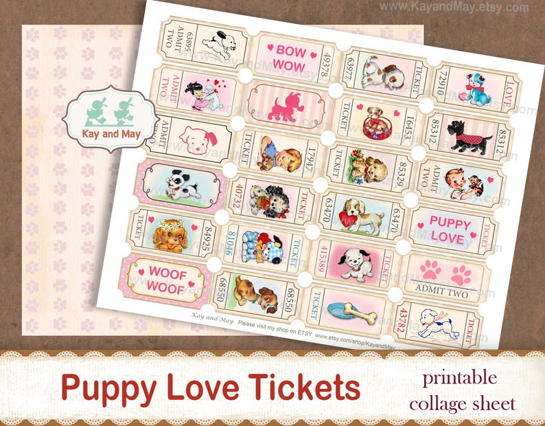 May include: Printable collage sheet of puppy love tickets. The sheet features 16 tickets with various illustrations of puppies, hearts, and the words "Puppy Love" and "Woof Woof".