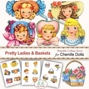 Folha de colagem para fazer bonecas de chenille de lindas moças, Southern Belles, cestas para impressão, imagens em estilo retrô vintage, download digital KM-5