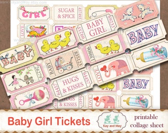 BABY GIRL tickets, printable collage sheet of ticket strips, vintage retro baby girl theme journal embellishments, instant download KM-71