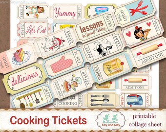 COOKING tickets, printable collage sheet of ticket strips, vintage retro cooking theme journal embellishments digital instant download KM-74