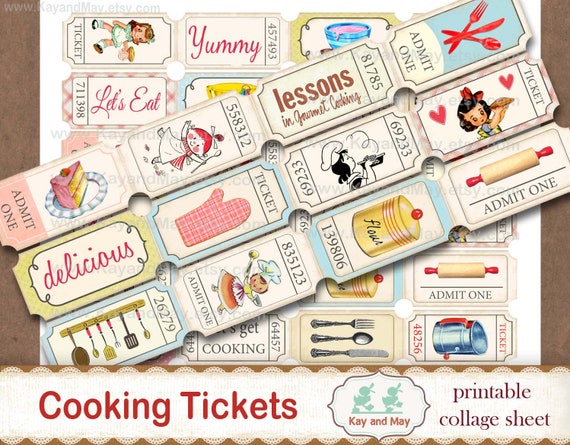 COOKING tickets, printable collage sheet of ticket strips, vintage retro cooking theme journal embellishments digital instant download KM-74 Il_570xn