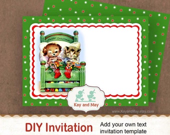 Cat and Dog Christmas invitation / Christmas kitten and puppy dog / cute Christmas cat & dog sleeping in bed / add your own text /#22