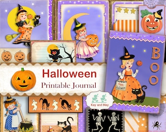 Halloween printable Journal Kit: retro ephemera pages Witch, Black Cat, Pumpkin (Digital Download) KM-78