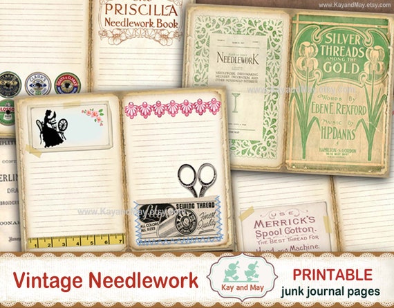 NEEDLEWORK SEWING junk journal pages, vintage sewing pages, antique sewing pages, sewing journal pages, KayandMay digital download KM-130 Il_570xn