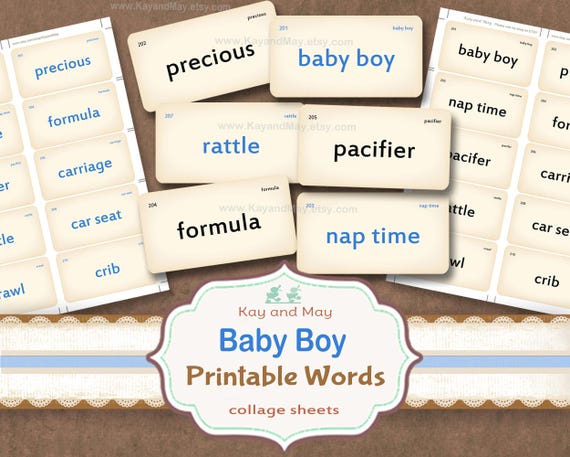 Baby Boy Vocabulary Cards: Printable Flashcards for junk journal scrapbook tags (PDF Download)