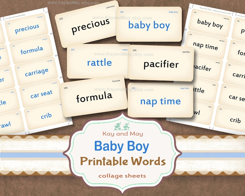 Baby Boy Vocabulary Cards: Printable Flashcards for junk journal scrapbook tags (PDF Download) image 1