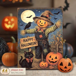 May include: A rectangular wooden plaque measuring 5.5 x 7.5 x 0.25 inches featuring a scarecrow in overalls, a black cat with a bow tie, and pumpkins under a full moon. The text HAPPY HALLOWEEN! is printed on a wooden sign held by the scarecrow.