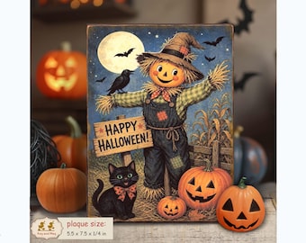 Scarecrow in pumpkin patch retro Halloween vintage style shelf sitter sign decor PL-130