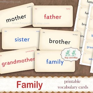 FAMILY vocabulary words printable flash cards, family themed junk journal word cards, family scrapbook paper craft digital download KM-176