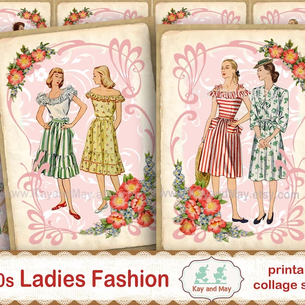 1940's LADIES FASHION theme gift tags - vintage retro spring, summer fashions,  printable cards, tags - digital instant download KM-18