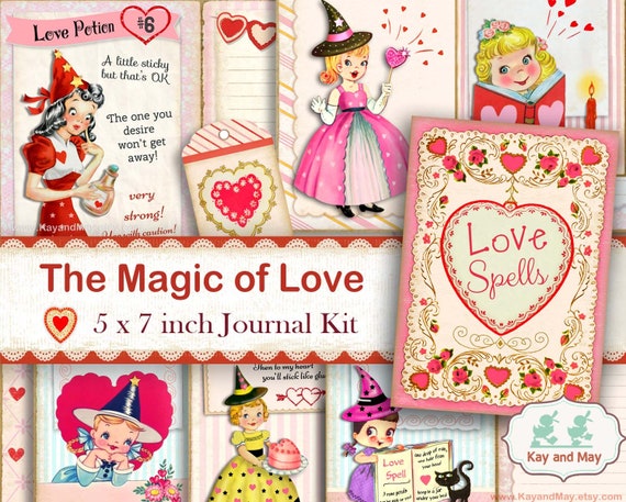 LOVE SPELLS junk journal kit, journal book for love spells & potions, magick journal kit, KayandMay digital download KM-39 Il_570xn