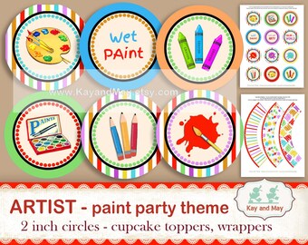 ART party, paint party, painting party, artist party cupcake toppers, cupcake wrappers, art party favors, digital printable download KM-109