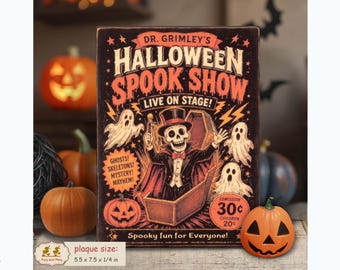 Spooky Halloween skeleton in a coffin sign retro vintage style shelf sitter decor PL-142