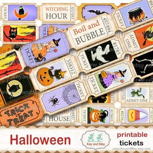 HALLOWEEN tickets, printable collage sheet of ticket strips, vintage retro Halloween journal embellishments, digital instant download KM-82