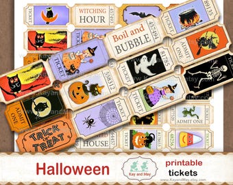 HALLOWEEN tickets, printable collage sheet of ticket strips, vintage retro Halloween journal embellishments, digital instant download KM-82