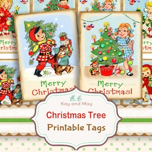 Retro Weihnachtsbaum Geschenkanhänger Kinderkarten (Digitaler Download KM-16)