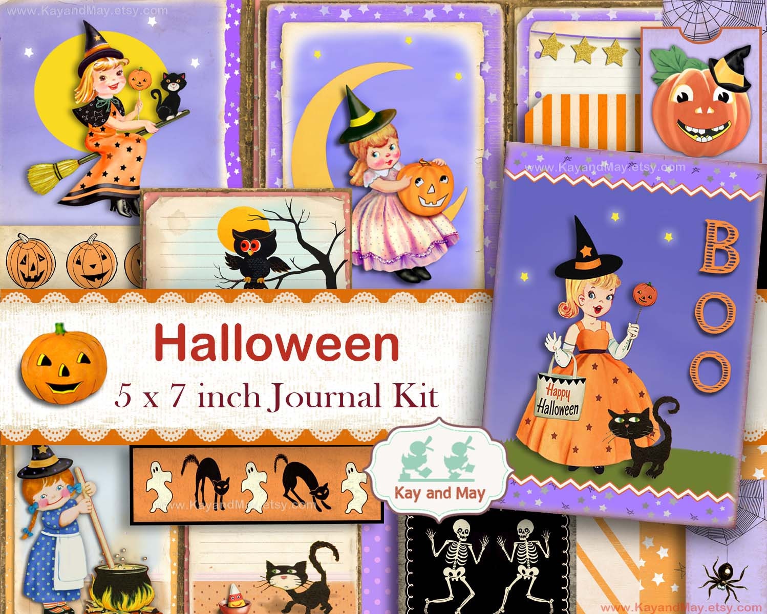 HALLOWEEN junk journal kit, Halloween journal, witch, spider web, black cat, pumpkin, owl, digital printable, instant download KM-78