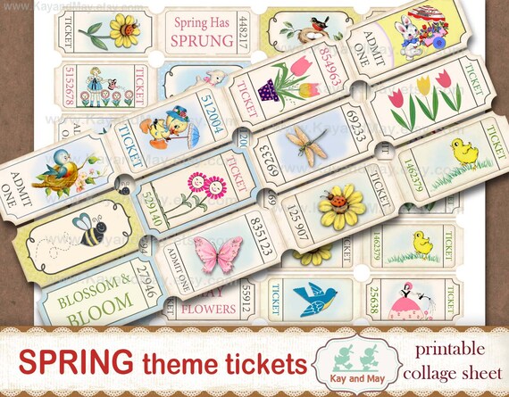SPRING tickets, printable collage sheet of ticket strips, vintage retro journal embellishments, digital instant download KM-91 Il_570xn