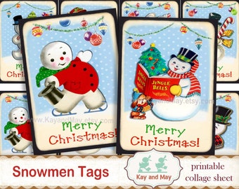 SNOWMEN Tags - printable snowman cards, cute vintage retro Christmas cards, winter wonderland collage sheet, digital instant download KM-26