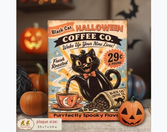 Black Cat Halloween Coffee Sign retro vintage style handmade shelf sitter home decor PL-147