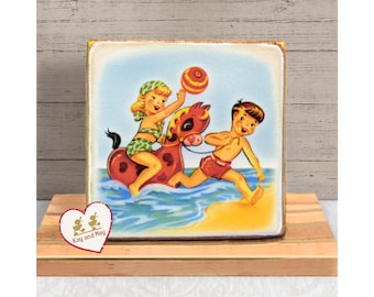 Children playing at the Beach Wood Block Sign retro Summer themed tiered tray decor WB-6