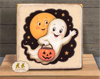 Halloween Ghost Shelf Sitter wood block sign retro vintage style tiered tray decor WB-277