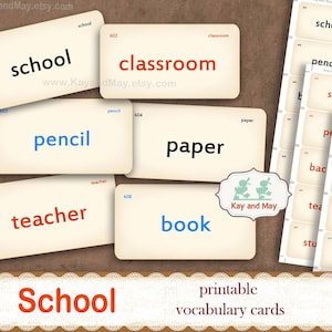 SCHOOL vocabulary flashcards, printable school junk journal word cards, school classroom paper craft, KayandMay digital download KM-164