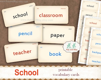 SCHOOL woordenschat flashcards, afdrukbare school junk journal woordkaarten, schoolklas papier ambacht, KayandMay digitale download KM-164