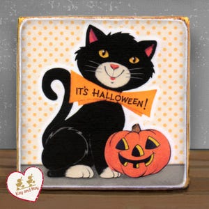Halloween Black Cat with pumpkin handmade shelf sitter sign / Fall Autumn tiered tray home decor, vintage style black cat wood block WB-21