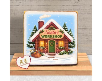 Santas Workshop Christmas wood block sign decor tiered tray shelf sitter  WB-273