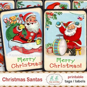 Etiquetas navideñas de Papá Noel para imprimir, etiquetas de regalo de Papá Noel, etiquetas de tarjetas, linda hoja de collage retro de Papá Noel, descarga instantánea KM-25