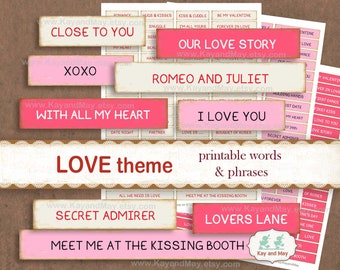 VALENTINE journal words, Love theme printable words and phrases, printable word embellishments for paper crafts, instant download KM-87