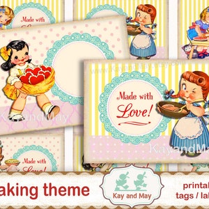 BAKING tags labels - printable little girls baking cakes, pies, cookies, cupcakes, rolling dough, collage sheet, instant download KM-32