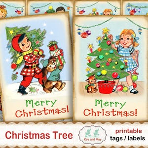 CHRISTMAS KIDS, Tannenbaum schmücken Karten, Geschenkanhänger zum Ausdrucken, Retro Kinder, Jungen und Mädchen, digitaler Sofortdownload KM-16