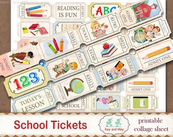 SCHOOL theme printable ticket strips, vintage, school, retro, junk journal, embellishments, school scrapbook, digital download KM-34